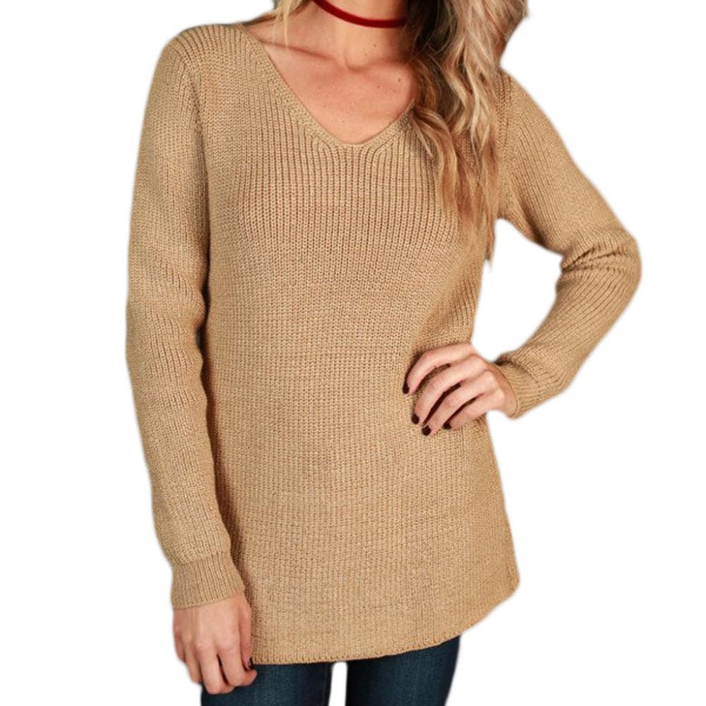 Khaki tan Lace-up back Sweater - Picture 2 of 4